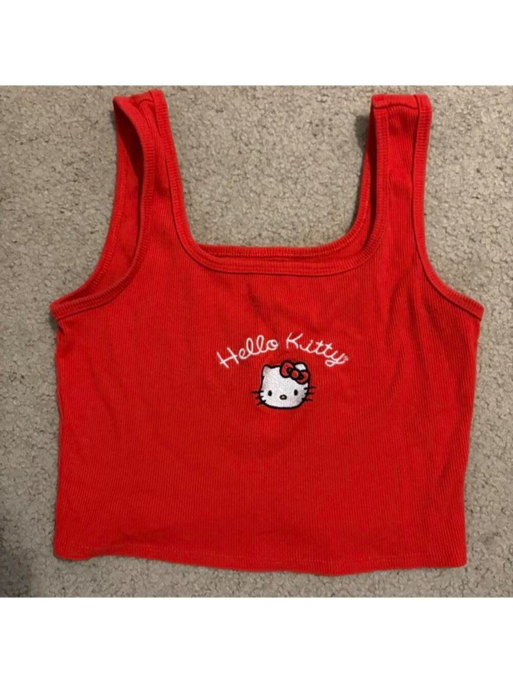 Red Hello Kitty cropped tank top with white Hello Kitty graphic